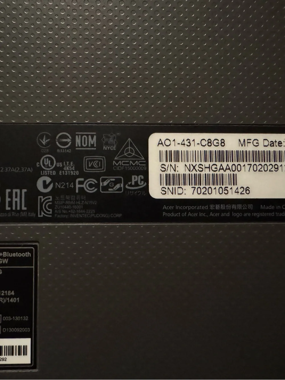 Acer Aspire One Cloudbook 14 2GB DDR3 L Memory eMMC 32GB Intel N3050